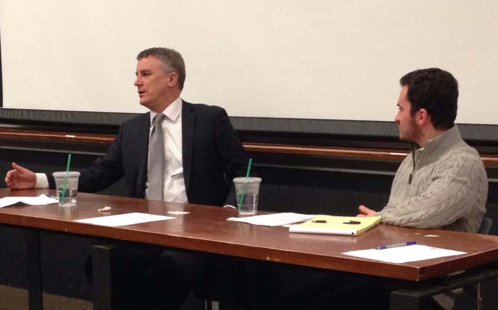 Former Bush National Security Council official Michael Doran (left) with Yale Law School student Jordan Hirsch (right) at Columbia University.