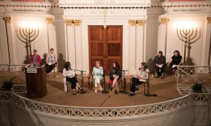 From front left, Lori Weinstein, CEO of Jewish Women International, moderates a panel featuring Chai Feldblum, commissioner of teh Equal Employment Opportunity Commission, Sarah Wildman, deputy print editor of Foreign Policy, and Rabbi B. Elka Abrahamson, president of The Wexner Foundation.