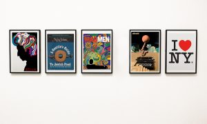 Examples of Milton Glaser’s graphic designs: from left: Bob Dylan poster, 1967; New York magazine cover, 1968; AMC Mad Men Season Seven poster, 2014; Olivetti Lexicon poster, 1977. Glaser’s iconic I LOVE NY logo, 1977.