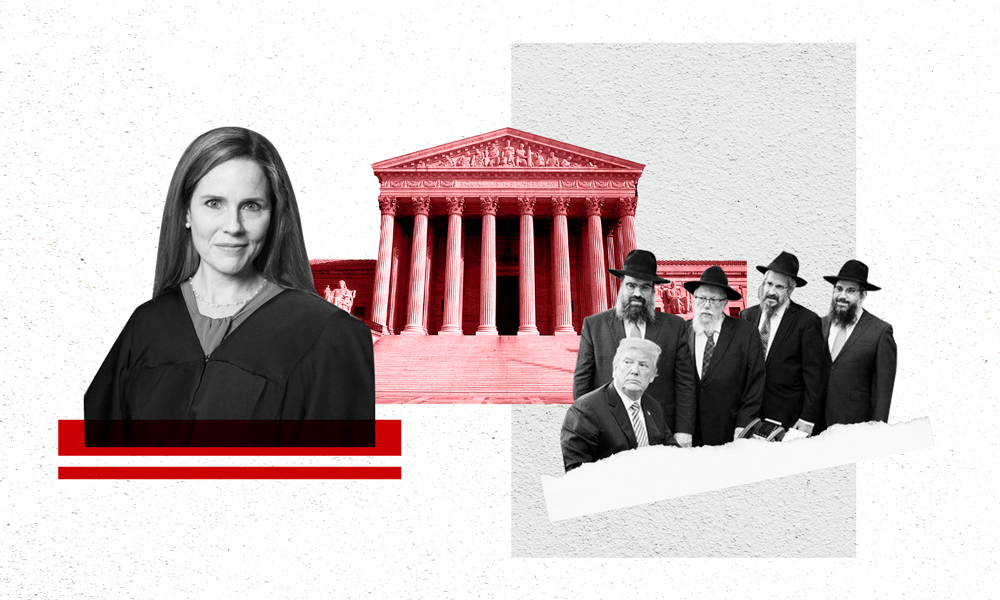 Collage of images: Amy Coney Barrett, the Supreme Court building, Trump with a group of ultra-Orthodox Jews