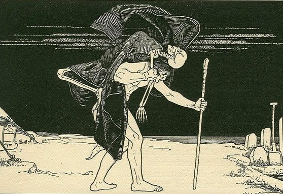 A dybbuk, an evil spirit, clings to a man who is struggling to walk.