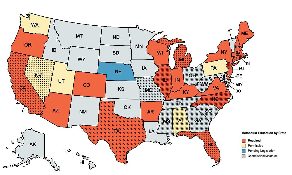 Map showing Holocaust education mandates in the United States.