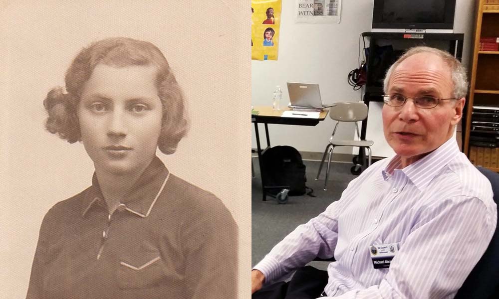 Gizella Abramson as a young woman. Michael Abramson, her son, leading a Holocaust educator workshop in 2018.