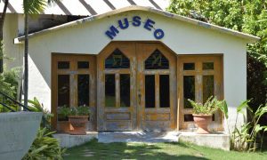 White building in rainforest with sign in front with blue letters reading Museo