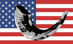 A shofar is superimposed over an American flag.
