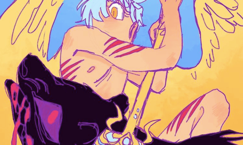 Animation of man with angel wings spearing the devil