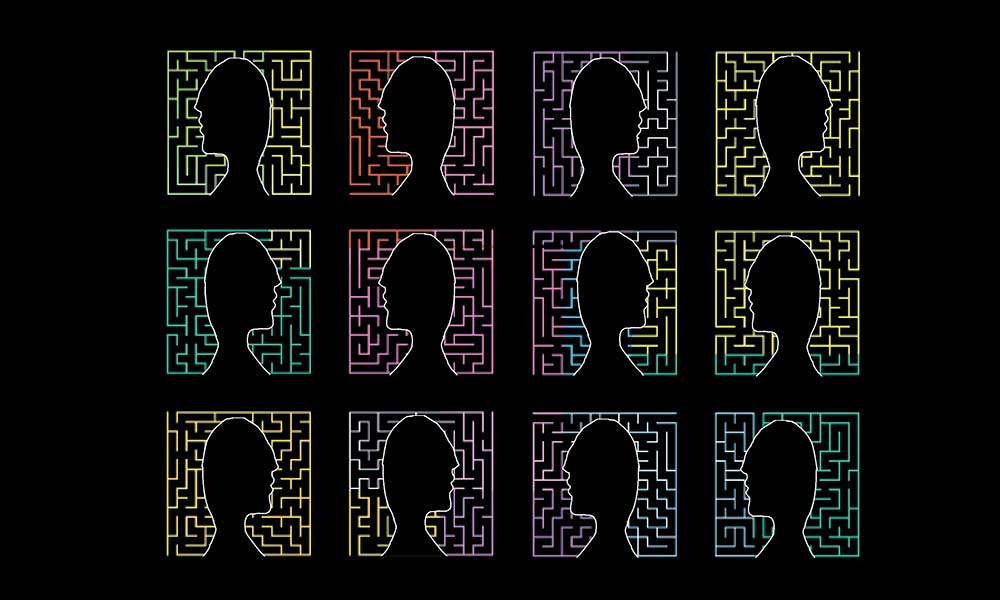 A series of silhouettes of heads set against colorful backdrops