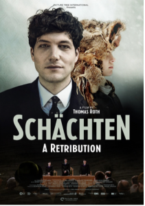 Poster for "Schäcten - A Retribution". The main character is wearing a suit and offering a bleak smile to the camera