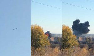 A tryptich: On the left, a missile flies through the air; in the center, a fiery explostion in an urban behind a tree. On the right, smoke rising. Monday's attack knocked out electricity for much of Kyiv.