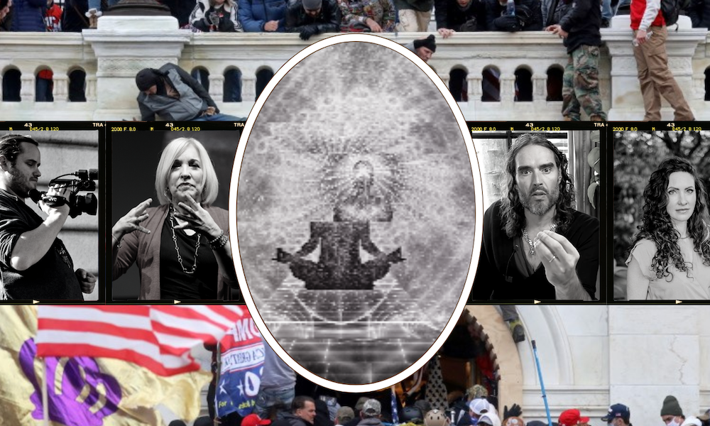 A collage featuring images from the January 6 Capitol Insurrection with Christiane Northrup, Russell Brand, and a distorted meditating figure.