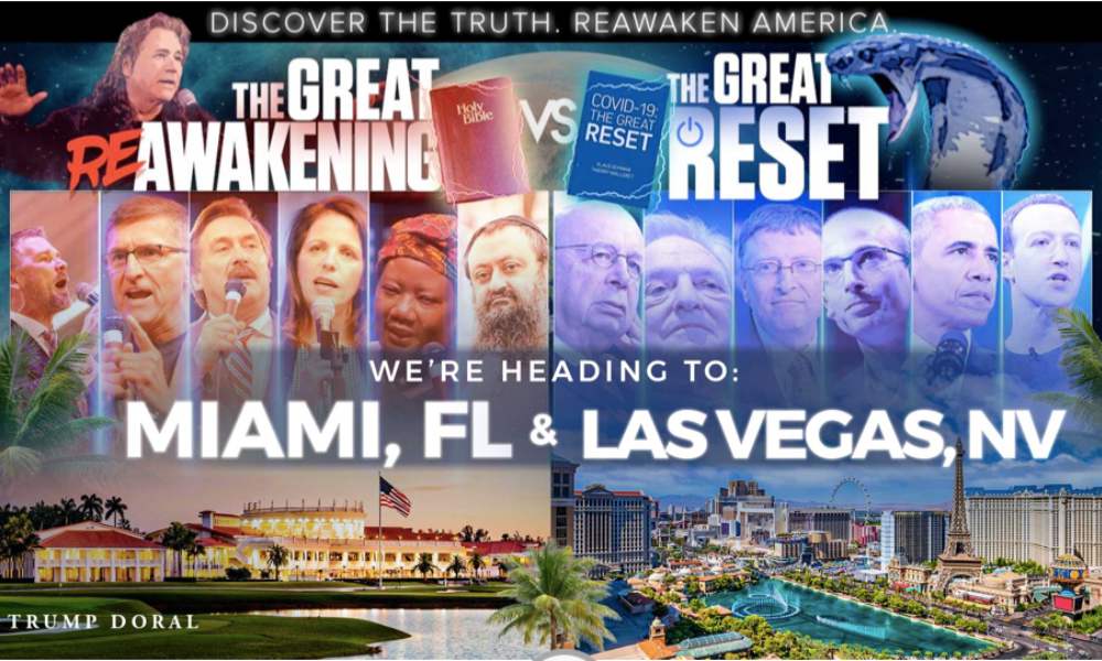 The ReAwaken America promotional image, featuring Team Jesus (Greg Clarke, Michael Flynn, Mike Lindell, and others) against team Satan (Klaus Schwab, Yuval Noah Harari, Bill Gates, George Soros, and others) over images of Donald Trump's Miami and Las Vegas hotels. The man opposite the serpent is Kim Clement, a self-acclaimed prophet who supposedly foretold the influence of the tour's founder, Clay Clark.