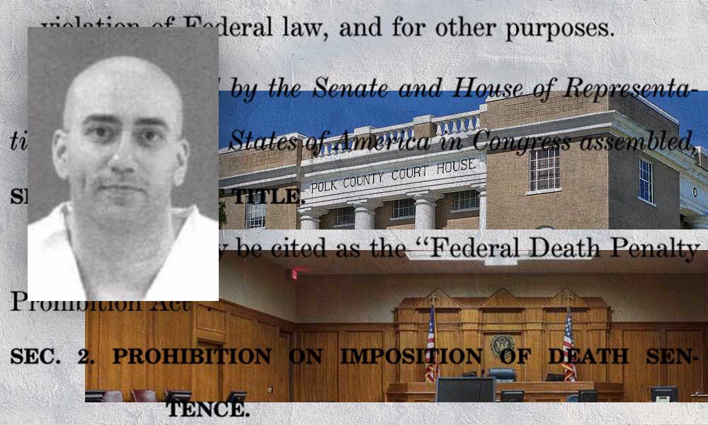 A collage including a picture of Jedidiah Murphy, as well as pictures of a court room and the Polk County Court House.