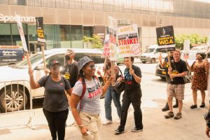 Members of the Writers Guild of America on strike in New York
