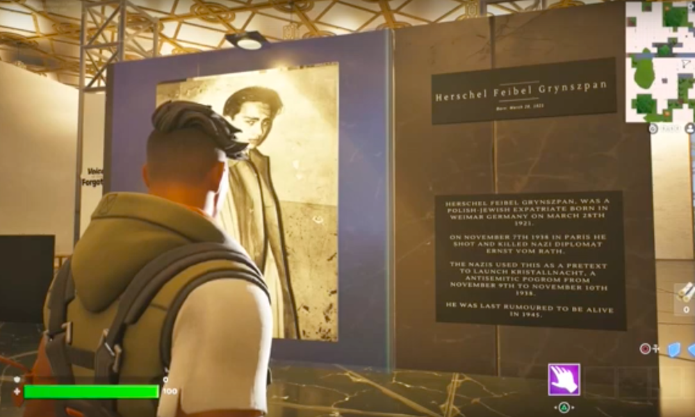 A video-game avatar looks at an exhibition in Fortnite.