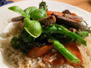 A photo of a bowl with brown rice topped with a vegetable stir-fry, with several whole locusts on top.