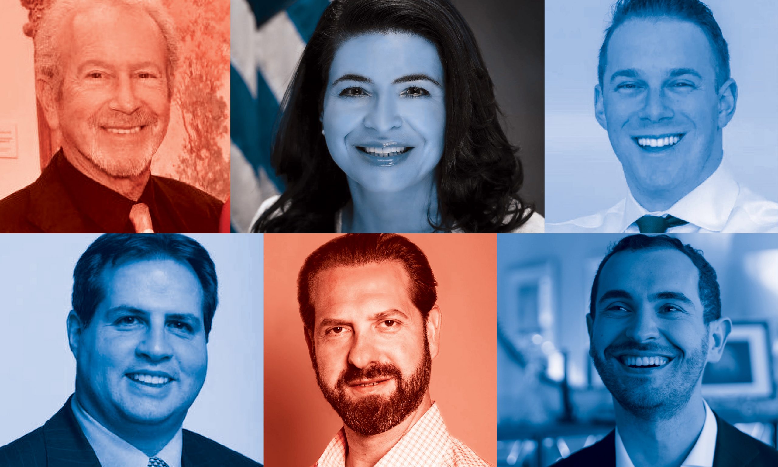 Six pictures of smiling candidates are displayed in two rows. Two are tinted red, four are tinted blue.