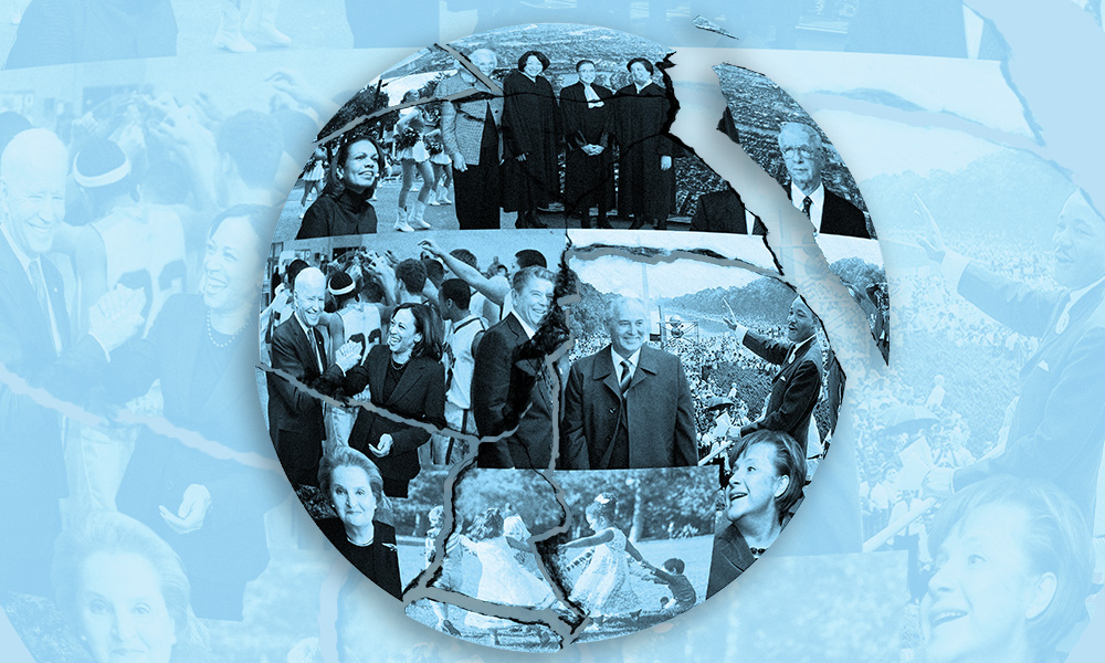 An illustration of Earth breaking apart in front of a light blue background. Pictures representative of the world order, such as politicians, are superimposed on both planet and background.