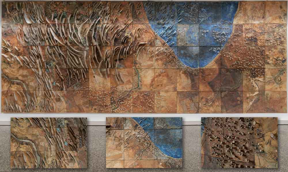 Duckworth's Clouds over Lake Michigan mural with three close up images below