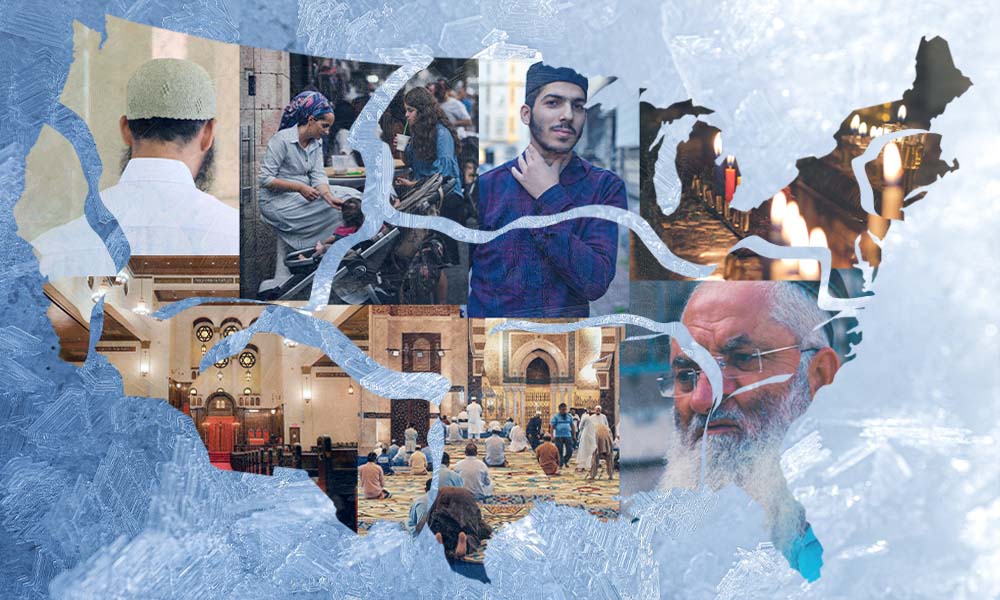 A graphic depicting a fractured united states with interfaith images superimposed on the country