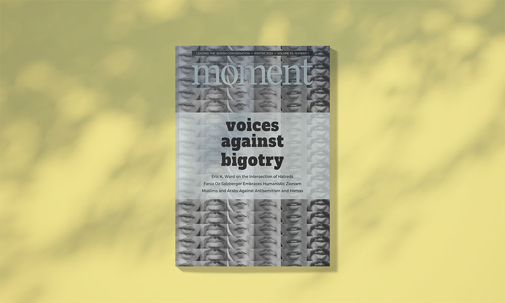 Moment issue cover, "voices against bigotry." Background is a black and white collage of various people's mouths.