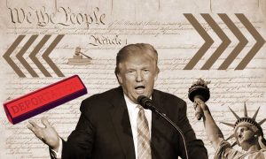 an illustrative image of Donald Trump in front of the U.S. constitution