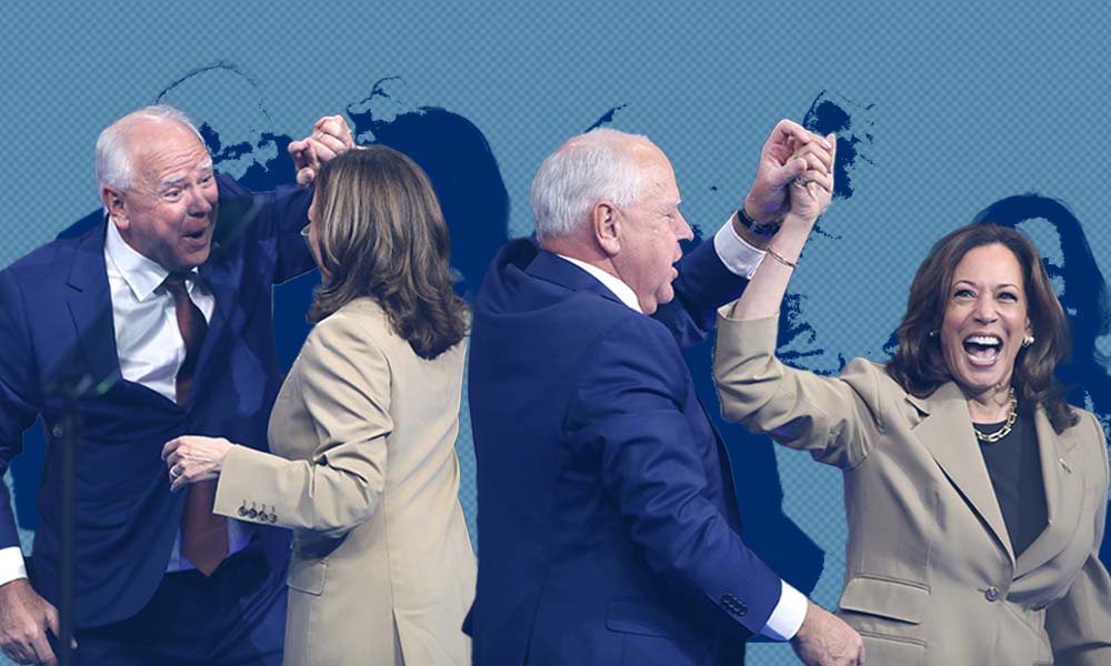 Tim Walz spinning Kamala Harris in dance