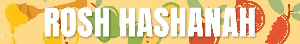 Words "Rosh Hashanah" over a backdrop of apples and honey.