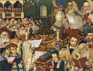 Painting of Jews in synagogue on Rosh Hashanah.