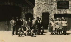 Orthodox Jewish Holocaust survivors and their children visit the Mauthausen concentration camp circa 1960.
