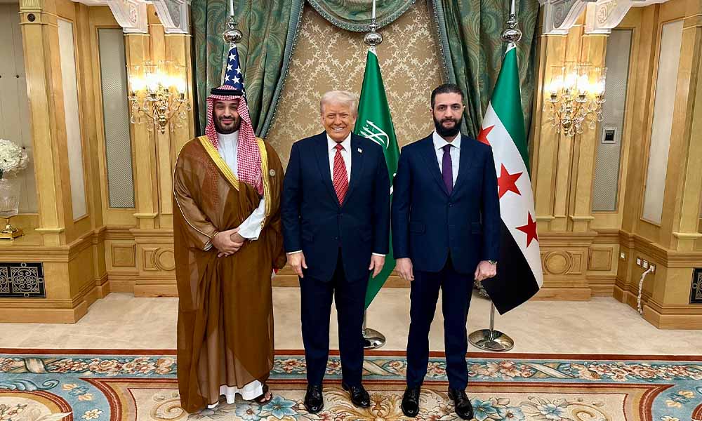 U.S. President Donald Trump (middle) with Saudi Crown Prince Mohammed Bin Salman (L) and President of Syria Ahmed al-Sharaa (R) in Saudi Arabia May 13, 2025.