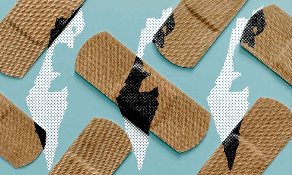 bandaids over outline of Israel evoke concept of moral injury
